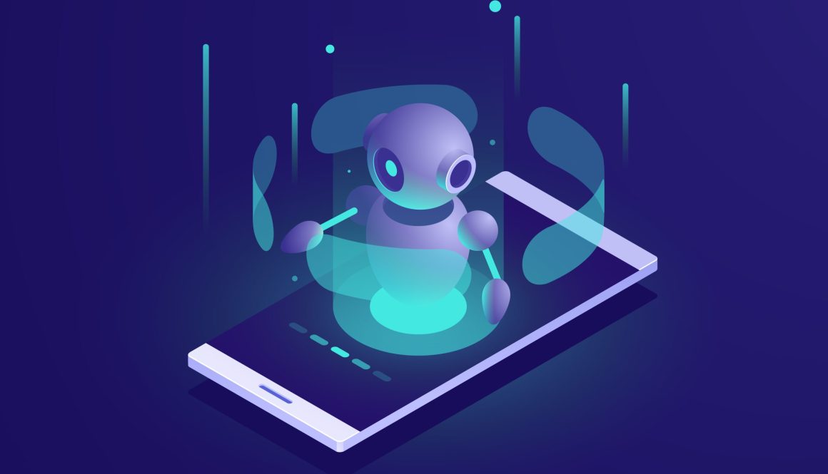 Artificial Intelligence, isometric ai robot on mobile phone screen, chatbot app vector neon